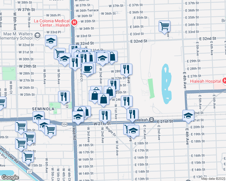 map of restaurants, bars, coffee shops, grocery stores, and more near 111 West 25th Street in Hialeah