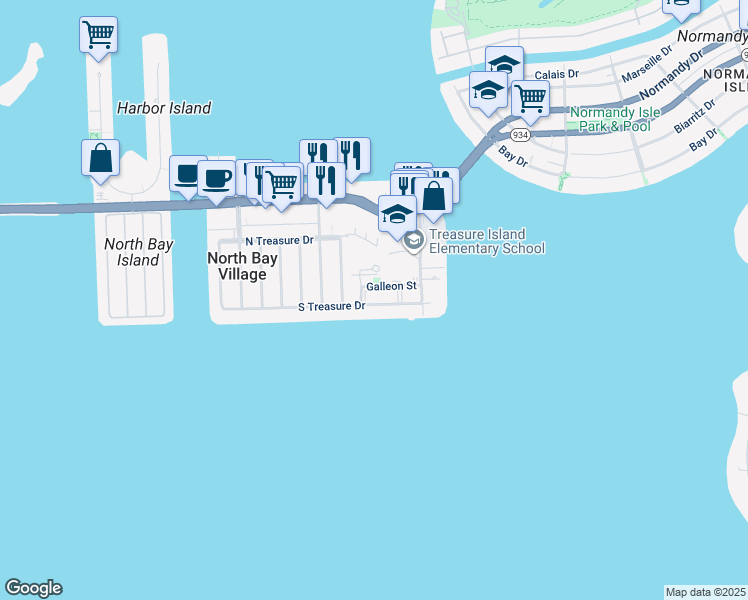 map of restaurants, bars, coffee shops, grocery stores, and more near 1801 South Treasure Drive in North Bay Village