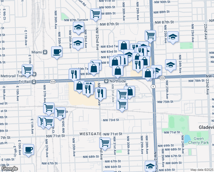 map of restaurants, bars, coffee shops, grocery stores, and more near 3131 Northwest 77th Street in Miami