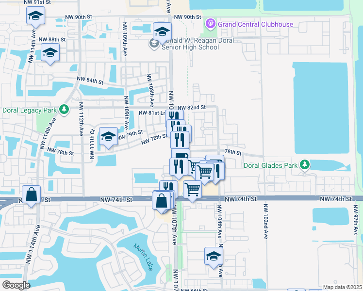 map of restaurants, bars, coffee shops, grocery stores, and more near 7825 Northwest 107th Avenue in Doral