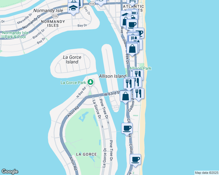 map of restaurants, bars, coffee shops, grocery stores, and more near 6350 Allison Road in Miami Beach