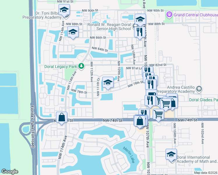 map of restaurants, bars, coffee shops, grocery stores, and more near 7862 Northwest 109th Path in Doral