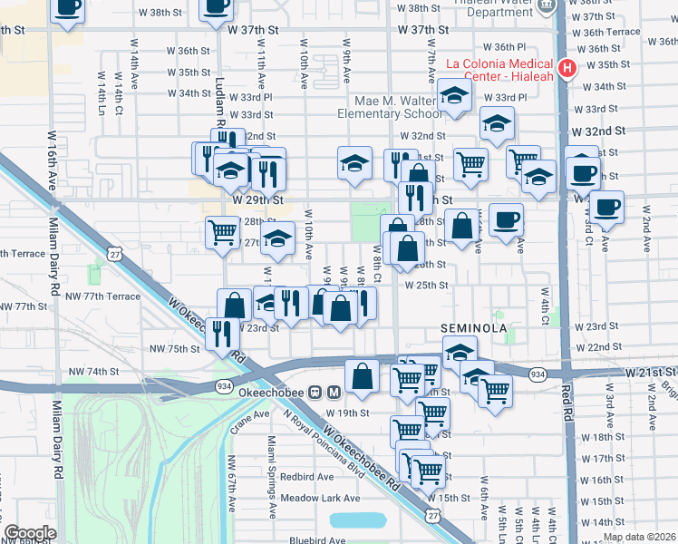 map of restaurants, bars, coffee shops, grocery stores, and more near 2560 West 9th Court in Hialeah