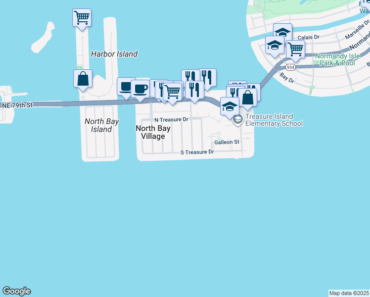 map of restaurants, bars, coffee shops, grocery stores, and more near 7505 Cutlass Avenue in North Bay Village