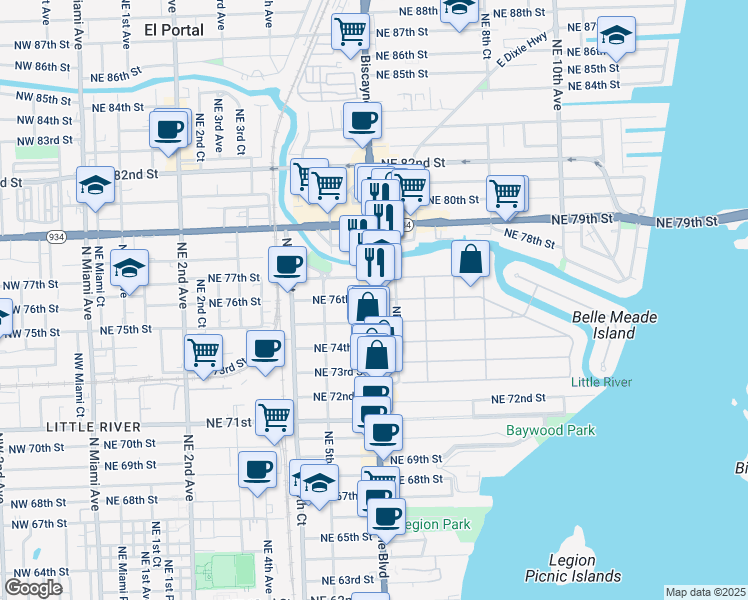 map of restaurants, bars, coffee shops, grocery stores, and more near Biscayne Blvd & NE 76th St in Miami
