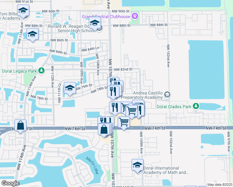 map of restaurants, bars, coffee shops, grocery stores, and more near 7835 Northwest 107th Avenue in Doral