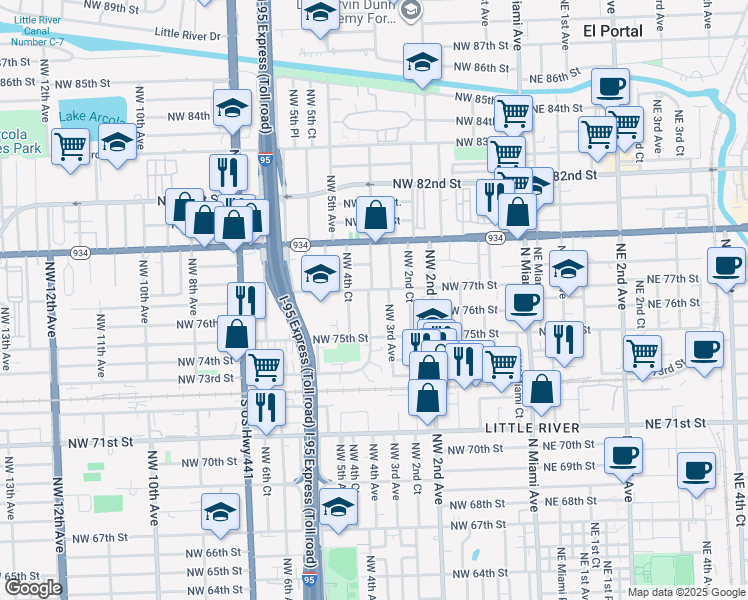 map of restaurants, bars, coffee shops, grocery stores, and more near 7631 Northwest 4th Avenue in Miami