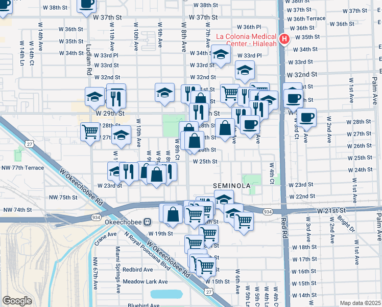 map of restaurants, bars, coffee shops, grocery stores, and more near 9 West 8th Avenue in Hialeah