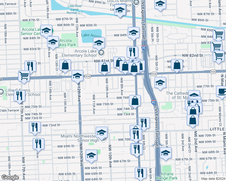 map of restaurants, bars, coffee shops, grocery stores, and more near 867 NW 77th St in Miami