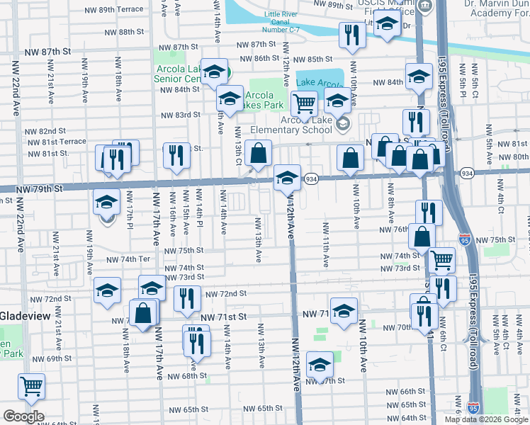 map of restaurants, bars, coffee shops, grocery stores, and more near 1250 Northwest 79th Street in Miami