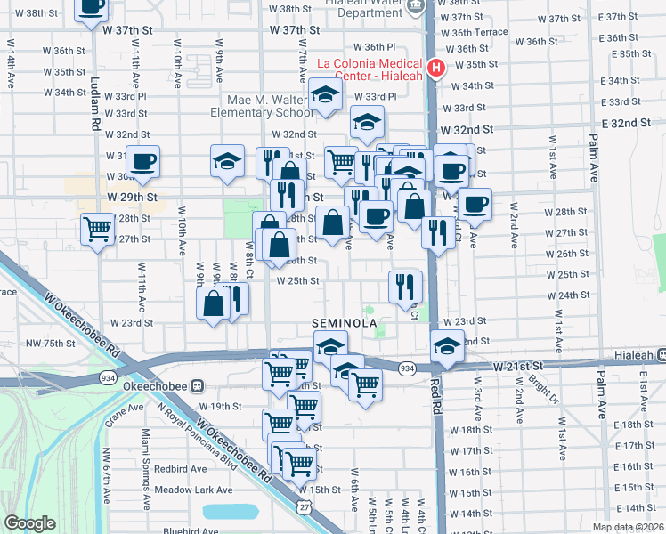 map of restaurants, bars, coffee shops, grocery stores, and more near 2571 West 6th Lane in Hialeah