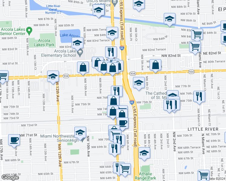 map of restaurants, bars, coffee shops, grocery stores, and more near 711 Northwest 77th Street in Miami