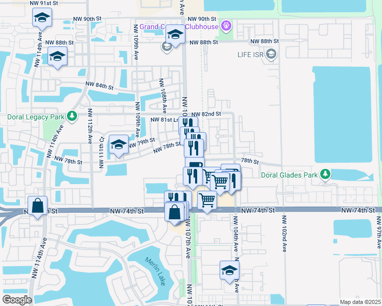 map of restaurants, bars, coffee shops, grocery stores, and more near 7835 Northwest 107th Avenue in Doral