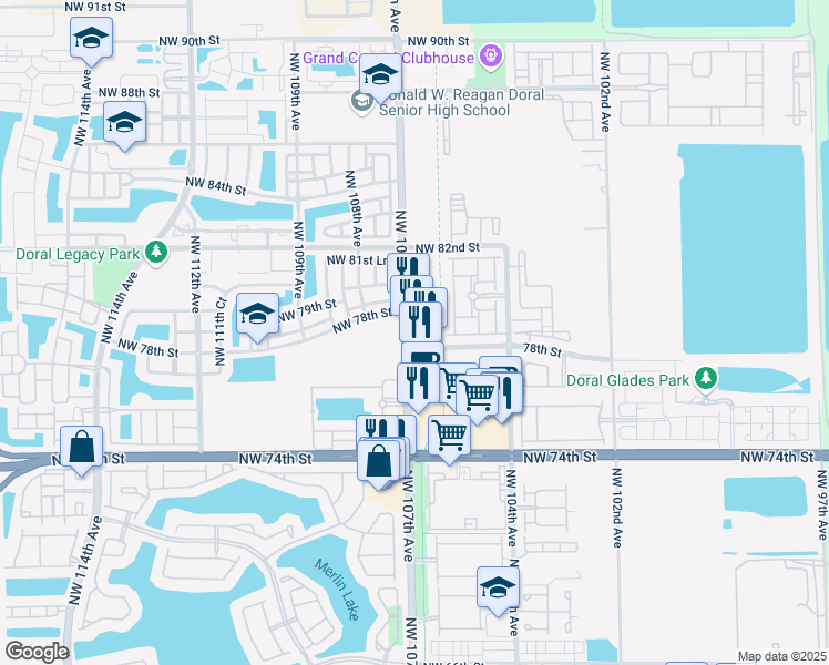 map of restaurants, bars, coffee shops, grocery stores, and more near 7835 Northwest 107th Avenue in Doral