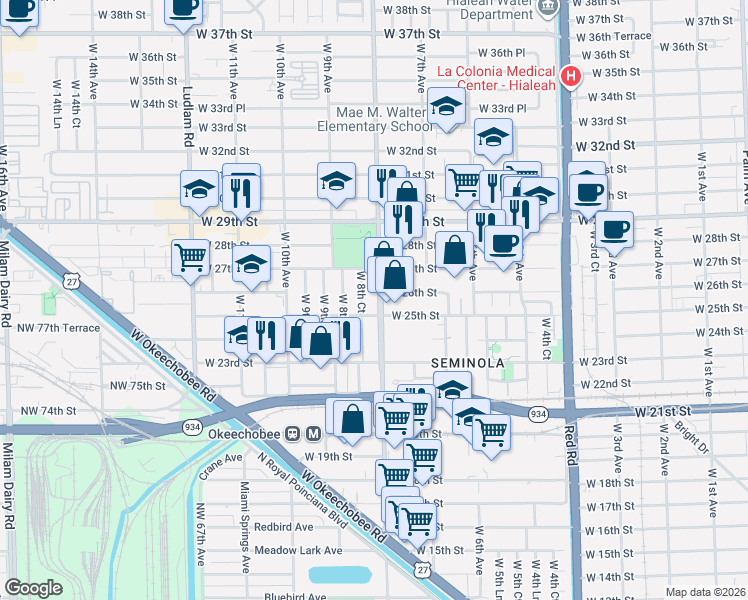 map of restaurants, bars, coffee shops, grocery stores, and more near 9 West 8th Avenue in Hialeah