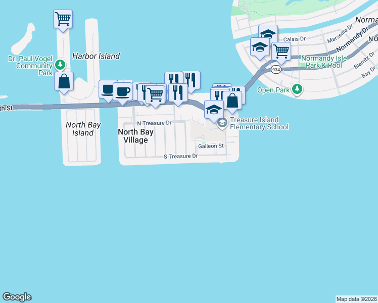 map of restaurants, bars, coffee shops, grocery stores, and more near 7505 Mutiny Avenue in North Bay Village