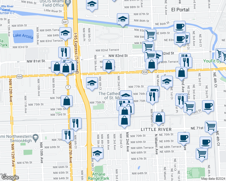 map of restaurants, bars, coffee shops, grocery stores, and more near 7636 Northwest 2nd Court in Miami
