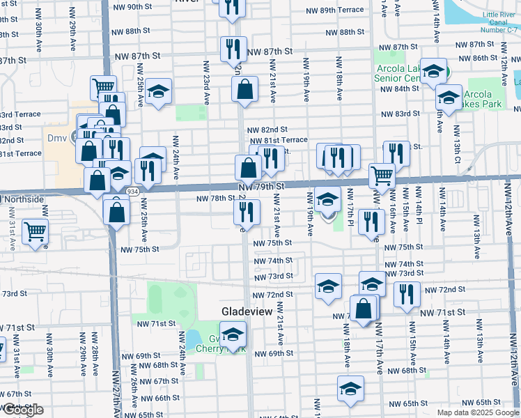 map of restaurants, bars, coffee shops, grocery stores, and more near 7725 Northwest 22nd Avenue in Miami