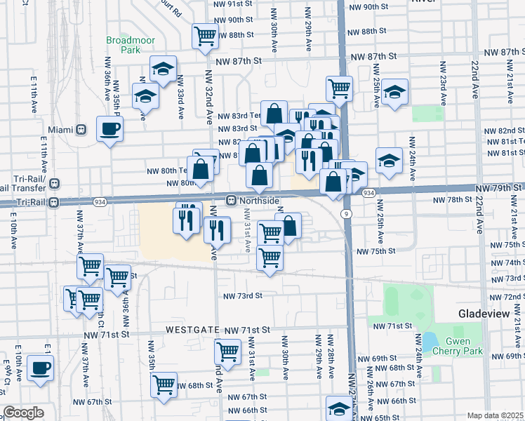 map of restaurants, bars, coffee shops, grocery stores, and more near 3056 Northwest 78th Street in Miami