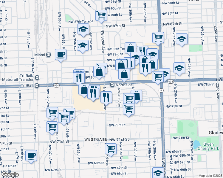 map of restaurants, bars, coffee shops, grocery stores, and more near 3131 Northwest 77th Street in Miami