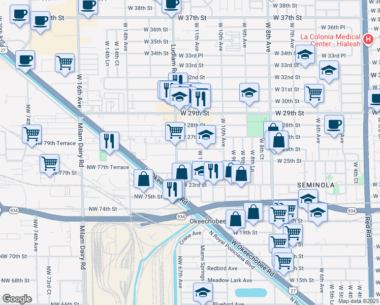 map of restaurants, bars, coffee shops, grocery stores, and more near 1160 West 26th Street in Hialeah