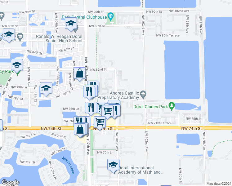 map of restaurants, bars, coffee shops, grocery stores, and more near 7814 Northwest 104th Court in Doral