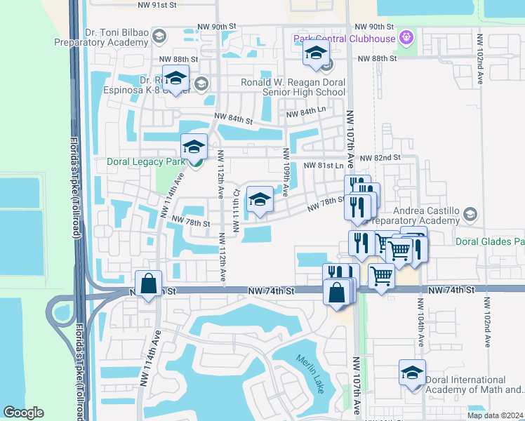map of restaurants, bars, coffee shops, grocery stores, and more near 7862 Northwest 109th Path in Doral