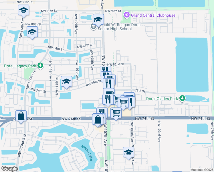 map of restaurants, bars, coffee shops, grocery stores, and more near 7835 Northwest 107th Avenue in Doral