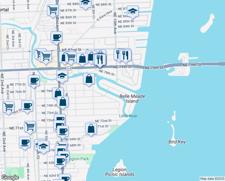 map of restaurants, bars, coffee shops, grocery stores, and more near 940 Belle Meade Island Drive in Miami