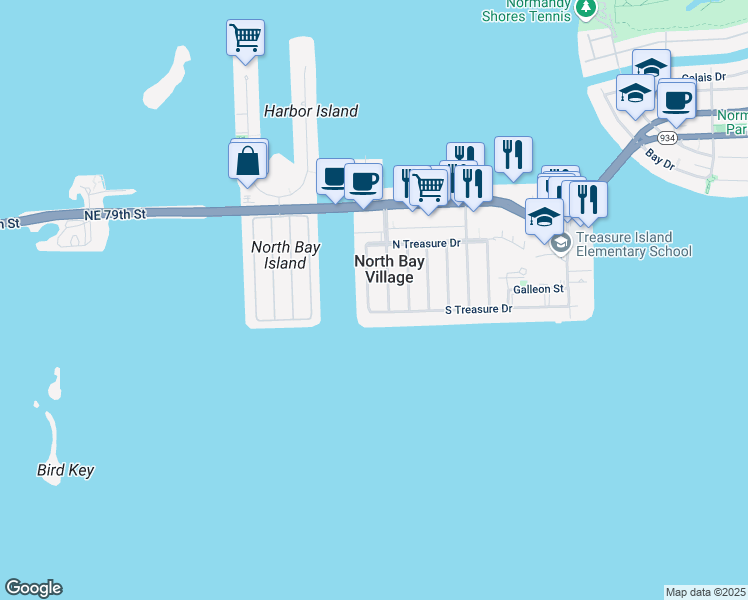 map of restaurants, bars, coffee shops, grocery stores, and more near 7508 Adventure Avenue in North Bay Village