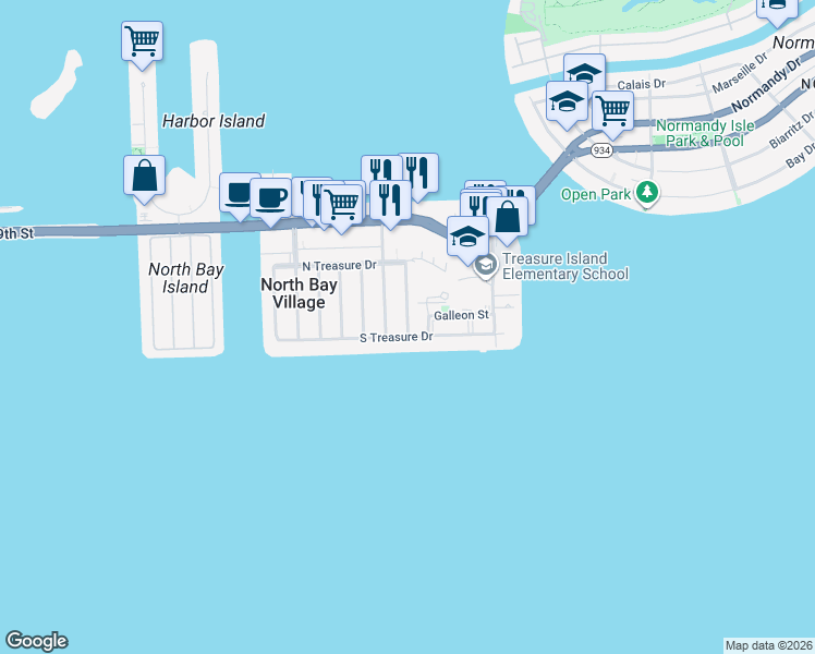 map of restaurants, bars, coffee shops, grocery stores, and more near 7505 Mutiny Avenue in North Bay Village