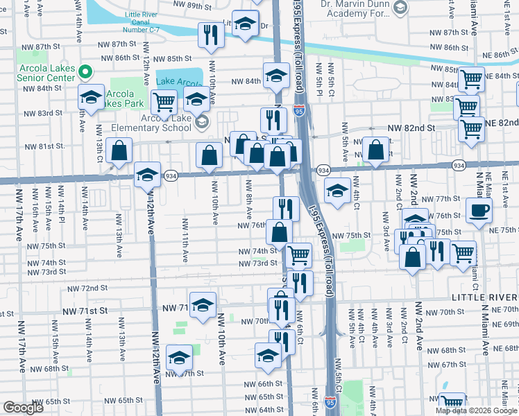 map of restaurants, bars, coffee shops, grocery stores, and more near 781 Northwest 77th Street in Miami
