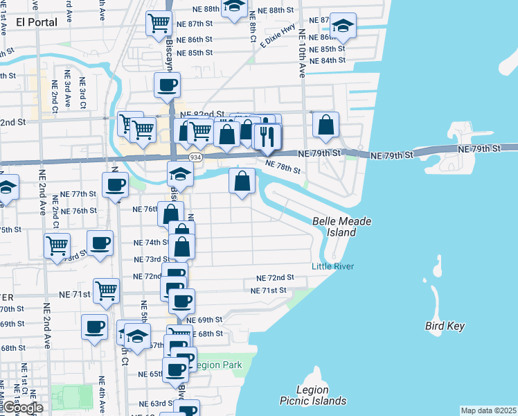map of restaurants, bars, coffee shops, grocery stores, and more near 813 Northeast 76th Street in Miami