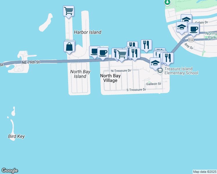 map of restaurants, bars, coffee shops, grocery stores, and more near 7508 Adventure Avenue in North Bay Village