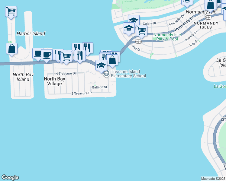 map of restaurants, bars, coffee shops, grocery stores, and more near 7505 East Treasure Drive in North Bay Village