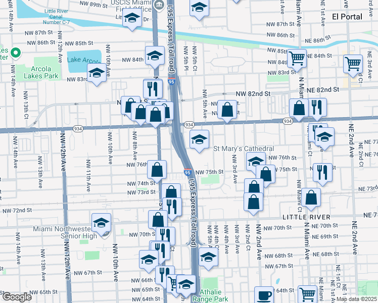 map of restaurants, bars, coffee shops, grocery stores, and more near 574 Northwest 77th Street in Miami