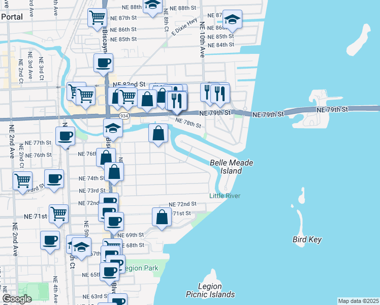 map of restaurants, bars, coffee shops, grocery stores, and more near 1986 Northeast 9th Avenue in Miami