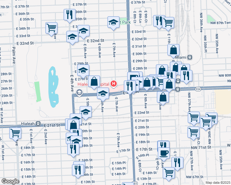 map of restaurants, bars, coffee shops, grocery stores, and more near 651 Florida 934 in Hialeah
