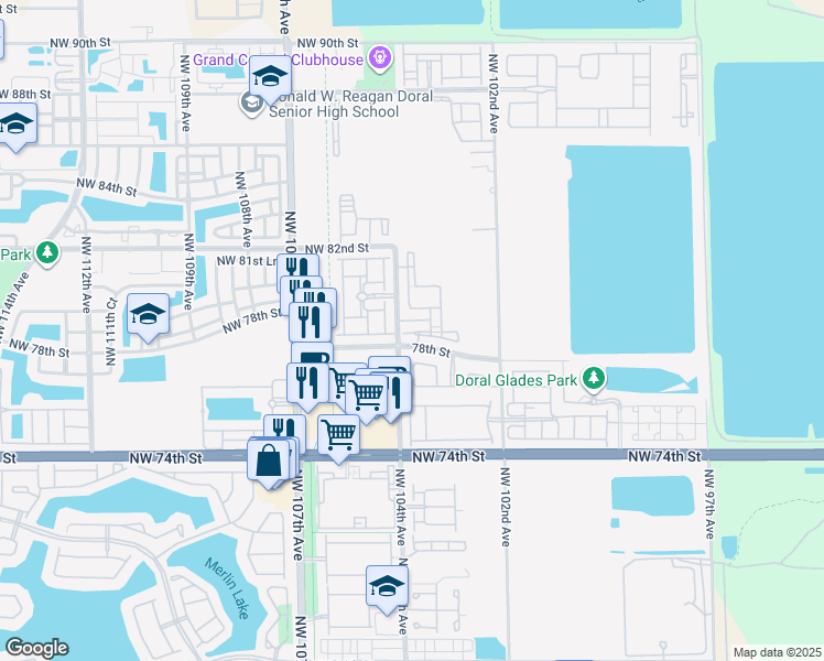 map of restaurants, bars, coffee shops, grocery stores, and more near 7855 Northwest 104th Avenue in Doral
