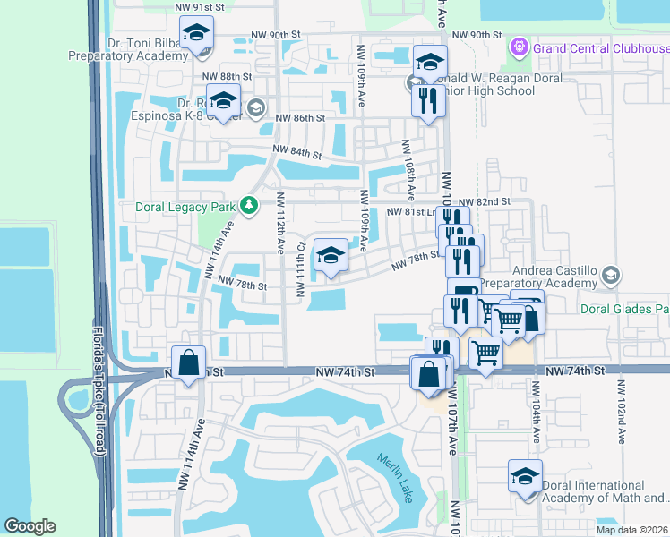 map of restaurants, bars, coffee shops, grocery stores, and more near 7868 Northwest 109th Path in Miami