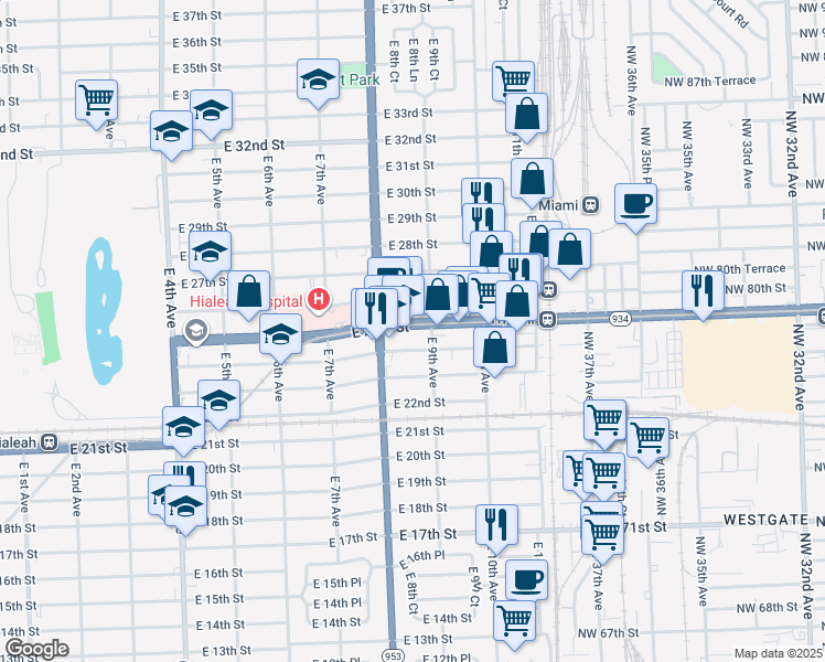 map of restaurants, bars, coffee shops, grocery stores, and more near 860 East 25th Street in Hialeah
