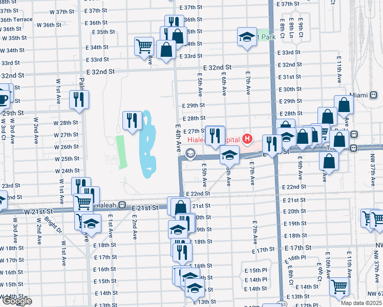 map of restaurants, bars, coffee shops, grocery stores, and more near 445 East 25th Street in Hialeah