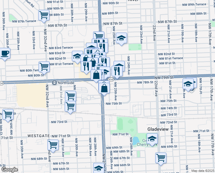 map of restaurants, bars, coffee shops, grocery stores, and more near 7755 Northwest 27th Avenue in Miami