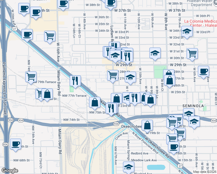 map of restaurants, bars, coffee shops, grocery stores, and more near 1235 West 25th Place in Hialeah