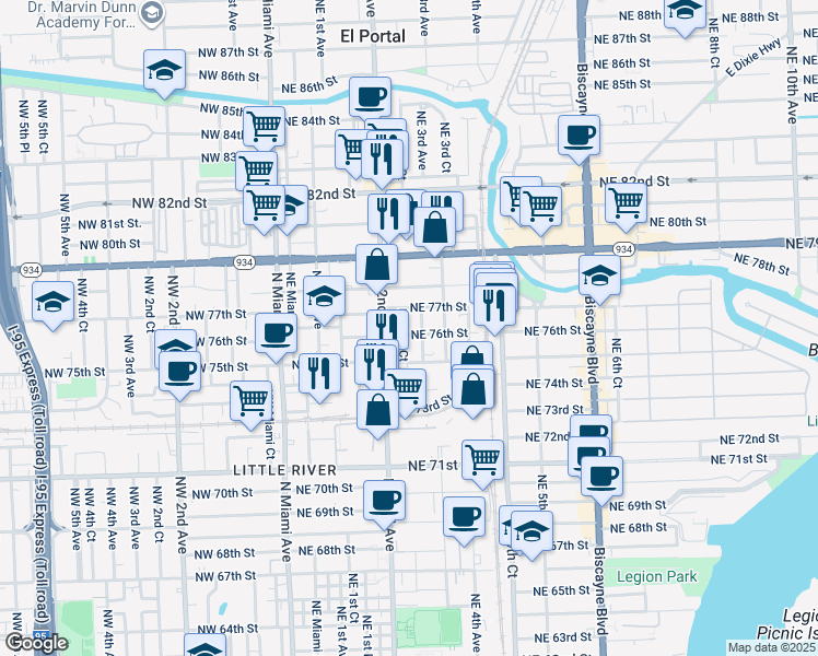 map of restaurants, bars, coffee shops, grocery stores, and more near 7611 Northeast 2nd Court in Miami