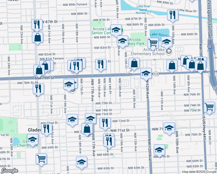 map of restaurants, bars, coffee shops, grocery stores, and more near 7726 Northwest 14th Place in Miami