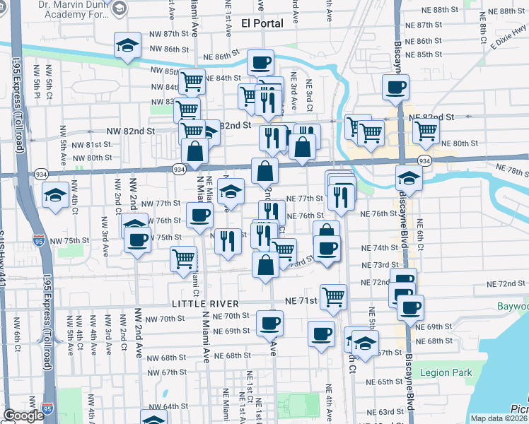 map of restaurants, bars, coffee shops, grocery stores, and more near 7618 Northeast 2nd Avenue in Miami