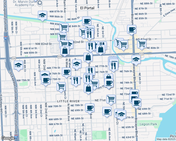 map of restaurants, bars, coffee shops, grocery stores, and more near 7618 Northeast 2nd Avenue in Miami