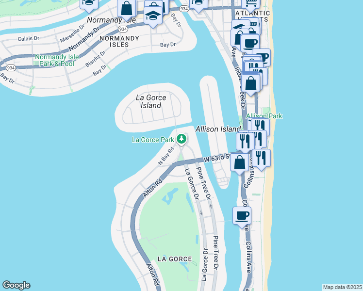 map of restaurants, bars, coffee shops, grocery stores, and more near 6421 Alton Road in Miami Beach
