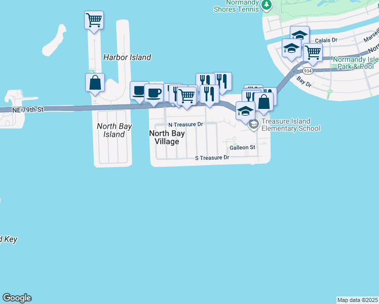 map of restaurants, bars, coffee shops, grocery stores, and more near 7508 Buccaneer Avenue in North Bay Village